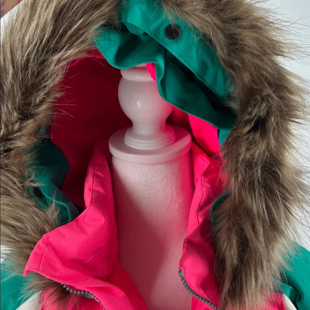 Spyder Girls Insulated Ski Jacket Pink Green Faux Fur Hood Size 16 - Picture 4 of 16